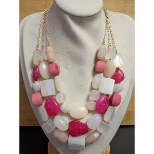 Vintage Stunning Triple Strand Necklace of Chunky Acrylic Beads and Wooden Beads